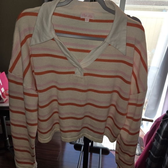Pink Lily Sweaters - Pink Lily Striped Collared Cropped Sweater